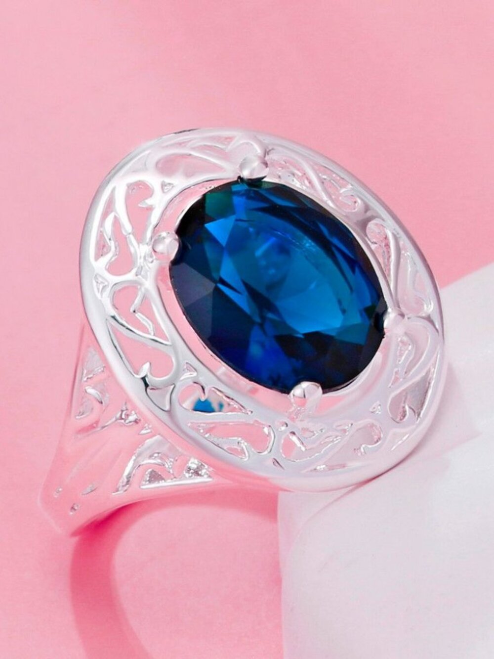 Emma Lynn Sapphire-Blue Crystal Silver Cocktail Ring Size 7.5 Gift Boxed
